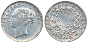 Victoria Queen, Silver ¼ Rupee, 1840, Continuous legend, Calcutta Mint, English Head, 20 B