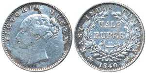 Victoria Queen, Silver ½ Rupee, 1840, Continuous legend, Madras Mint, English Head, 19 Ber
