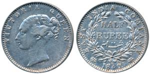 Victoria Queen, Silver ½ Rupee, 1840, Continuous legend, Madras Mint, English Head, 19 Ber