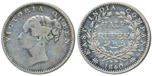 Victoria Queen, Silver ½ Rupee, 1840, Continuous legend, Calcutta Mint, Indian Head, 19 Be