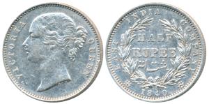 Victoria Queen, Silver ½ Rupee, 1840, Divided legend, Madras Mint, S raised WW incuse, 24 