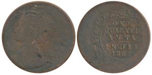 Victoria Empress, Copper ¼ Anna, 1862, Error, 20% off center. Poor.