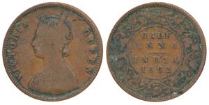 Victoria Queen, Copper ½ Anna, 1862, Calcutta Mint, Bust B, 4 panels in jabot with tiny ‘v
