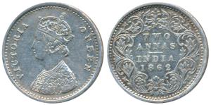 Victoria Queen, Silver 2 Annas, 1862, Bombay Mint, (Prid 486). Very Fine+.