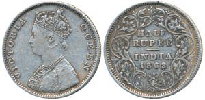 Victoria Queen, Silver ½ Rupee, 1862, Calcutta Mint, C / II, obv. as Wyon’s Design, (Prid 