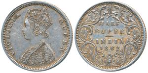 Victoria Queen, Silver ½ Rupee, 1862, Madras Mint, B2 / II, Elongated pearls in the crown,