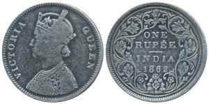 Victoria Queen, Silver Rupee, 1862, Bombay Mint, A / II / 1 / 10, Top dot within top flowe
