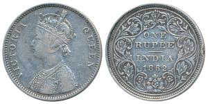 Victoria Queen, Silver Rupee, 1862, Bombay Mint, Mule, A / II, no ‘v’ / no crescent; elong