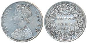 Victoria Queen, Silver Rupee, 1862, Bombay Mint, F / II, Smaller bust than normal B bust, 