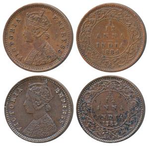 Victoria Empress, Copper 1/12 Anna, 1884, Bombay Mint, obv. A, (Prid 812); 1885, Calcutta 
