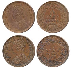 Victoria Empress, Copper 1/12 Anna, 1887 and 1888, Calcutta Mint, obv. B, (Prid 792 & 793)