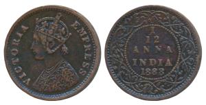 Victoria Empress, Copper 1/12 Anna, 1888, Bombay Mint, obv. A, (Prid 815). Very Fine+, Ver