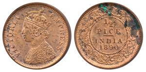 Victoria Empress, Copper ½ Pice, 1890, Calcutta Mint, (Prid 722). Sharp, but with verdigri