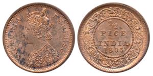 Victoria Empress, Copper ½ Pice, 1895, Calcutta Mint, (Prid 728). About Uncirculated.