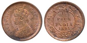 Victoria Empress, Copper ½ Pice, 1895, Calcutta Mint, (Prid 728). Uncirculated.