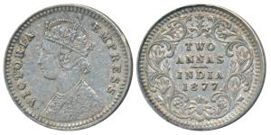 Victoria Empress, Silver 2 Annas, 1877, Bombay Mint, B / II / dot in top flower, Unlisted 