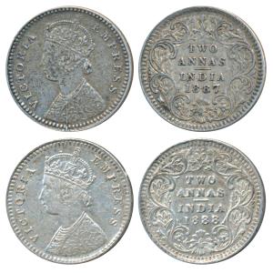 Victoria Empress, Silver 2 Annas (2), 1887, Calcutta Mint, B / II / C incuse; 1888, Calcut