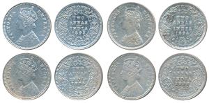 Victoria Empress, Silver 2 Annas, 1893, Calcutta Mint, B / II / C incuse; 1894, Bombay Min