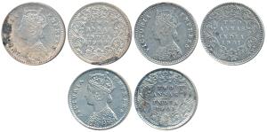 Victoria Empress, Silver 2 Annas, 1900, Bombay Mint, B / I / B raised; 1901, Calcutta Mint