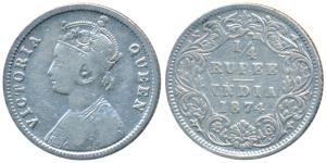 Victoria Queen, Silver ¼ Rupee, 1874, Calcutta Mint, A / I / No mint mark, 8 over 8 in dat