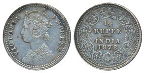 Victoria Empress, Silver ¼ Rupee, 1878, Calcutta Mint, C / II / No mint mark, (Prid 383). 