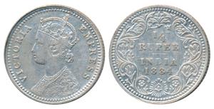 Victoria Empress, Silver ¼ Rupee, 1884, Calcutta Mint, C / II / C incuse (Prid 389). About