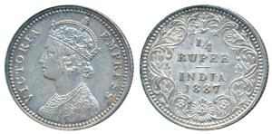 Victoria Empress, Silver ¼ Rupee, 1887, Calcutta Mint, C / II / C incuse, (Prid 392). Extr