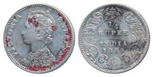 Victoria Empress, Silver ¼ Rupee, 1889, Bombay Mint, C / II / B incuse, (Prid 423). About 