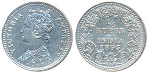 Victoria Empress, Silver ¼ Rupee, 1893, Calcutta Mint, C / II / C incuse (Prid 398). Very 