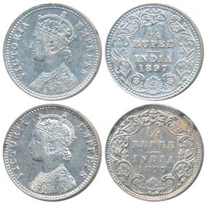 Victoria Empress, Silver ¼ Rupee, 1897 (2), Calcutta Mint, C / II / C incuse; Bombay Mint,