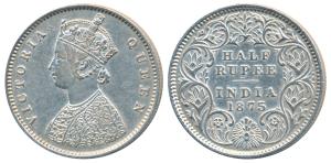 Victoria Queen, Silver ½ Rupee, 1875, Calcutta Mint, A / I / No mint mark, (Prid 260). Ver