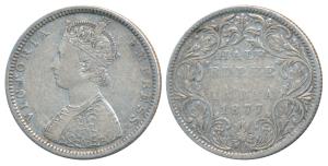 Victoria Empress, Silver ½ Rupee, 1877, Bombay Mint, B2 / II / dot, (Prid 288). About Very