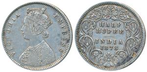 Victoria Empress, Silver ½ Rupee, 1878, Calcutta Mint, A / I / No mint mark, (Prid 262). V