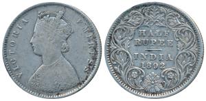 Victoria Empress, Silver ½ Rupee, 1892, Calcutta Mint, A / I / C incuse, (Prid 276). About