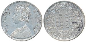 Victoria Empress, Silver Rupee, 1877, Calcutta Mint, A1 / I / No mint mark, Error, die rot