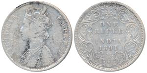 Victoria Empress, Silver Rupee, 1891, Bombay Mint, C2 / I / B incuse, 1 over 0 in date, ol