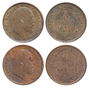 Edward VII, Copper and Bronze 1/12th Anna, 1903 & 1907, Calcutta Mint, (Prid 818 & 823). A