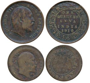 Edward VII, Copper ½ Pice, Error, 20% off-center, 1908; Copper ¼ Anna, Error, some metal l