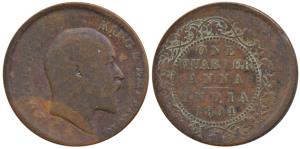 Edward VII, Copper ¼ Anna, 1904, Error, 15% off center. Fine.