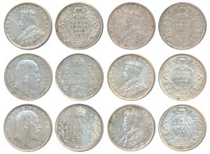 Edward, Silver 2 Annas (6), 1906 and 1910; George V, Silver 2 Annas, 1914, 1916 (2) and 19