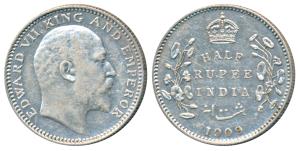 Edward VII, Silver ½ Rupee, 1909, Calcutta Mint, No mint mark, (Prid 313). Very Fine+.