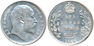 Edward VII, Silver Rupee, 1909, Bombay Mint, B incuse with dot on the vine, (Prid 205). Ex