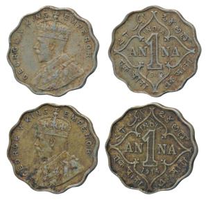 George V, Cupro-Nickel Anna (2), 1912 and 1914, Bombay Mint (Prid 942 & 944). Very Fine+. 