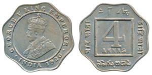 George V, Cupro-Nickel 4 Annas, 1920, Bombay Mint, (Prid 878). About Uncirculated.