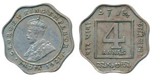 George V, Cupro-Nickel 4 Annas, 1921, Bombay Mint, (Prid 879). Extremely Fine, Rare.