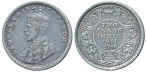 George V, Silver 2 Annas, 1911, Calcutta Mint, (Prid 564). Very Fine+, Rare.