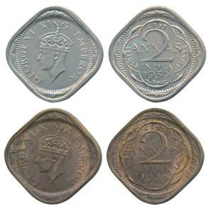 George VI, Cupro-Nickel 2 Annas, 1939, Calcutta Mint, 2nd head; 1944, Lahore Mint, L in Qu