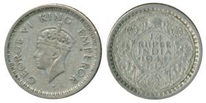 George VI, Half Silver ¼ Rupee, 1944, Bombay Mint, Error, die rotate to 3 o’clock. Very Fi