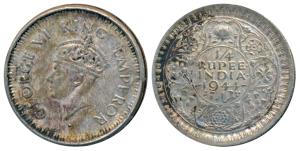 George VI, Half Silver ¼ Rupee, 1944, Bombay Mint, Rev II, Star Lotus, Diamond, Large flan