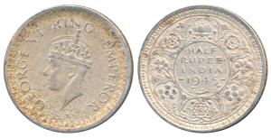 George VI, Half Silver ½ Rupee, 1945, Bombay Mint, D / Ia / dot, Large and open 5 in date,